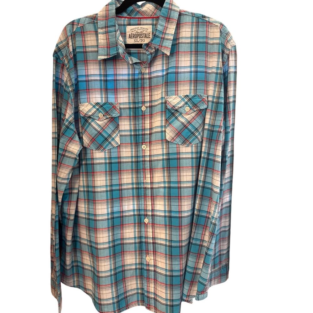 Aeropostale Plaid Button-up Long Sleeve Size XL in Blue, Cream and Tan